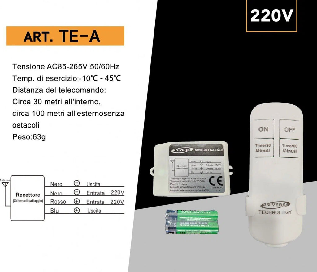 UNIVERSO TE-A telecomando wireless switch 1 canale ON/OFF con timer 30/60 minuti e portata fino a 100 m, ideale per controllo remoto di luci e dispositivi elettrici in casa, garage e ambienti interni