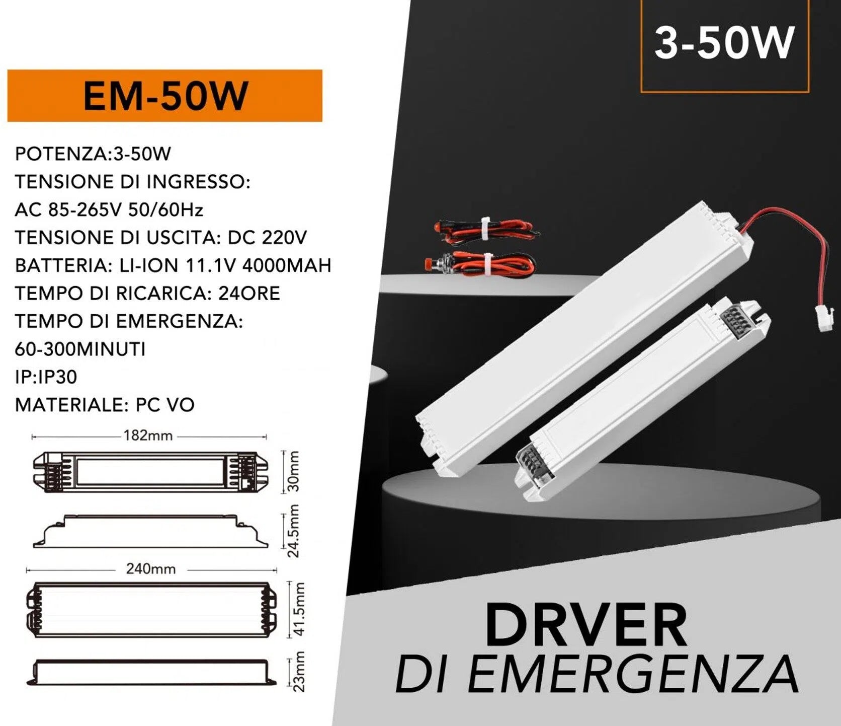 UNIVERSO EM-50W driver di emergenza per lampade LED da 3W a 50W, autonomia fino a 300 minuti, uscita DC 220V, ideale per illuminazione di emergenza in casa, uffici e ambienti professionali