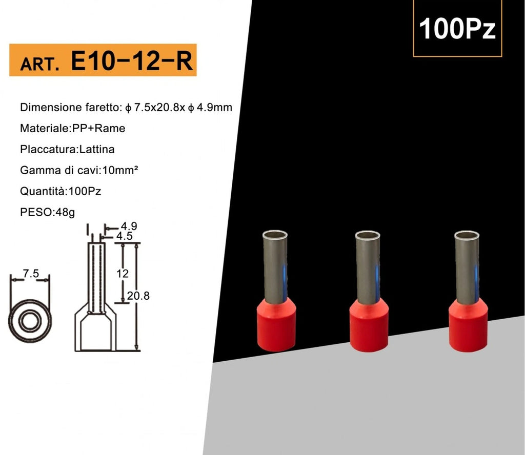 Confezione da 100 pezzi – Tubetto terminale capicorda isolato per cavi da 10 mm², terminale da 12 mm – Colori giallo, rosso, blu