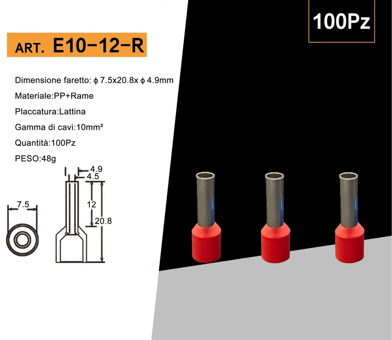 Confezione da 100 pezzi – Tubetto terminale capicorda isolato per cavi da 10 mm², terminale da 12 mm – Colori giallo, rosso, blu