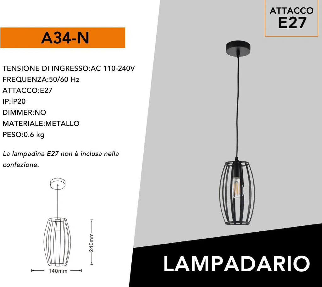Lampadario Moderno a Sospensione con Paralume in Metallo Traforato Ovale – Attacco E27, Colore Bianco o Nero