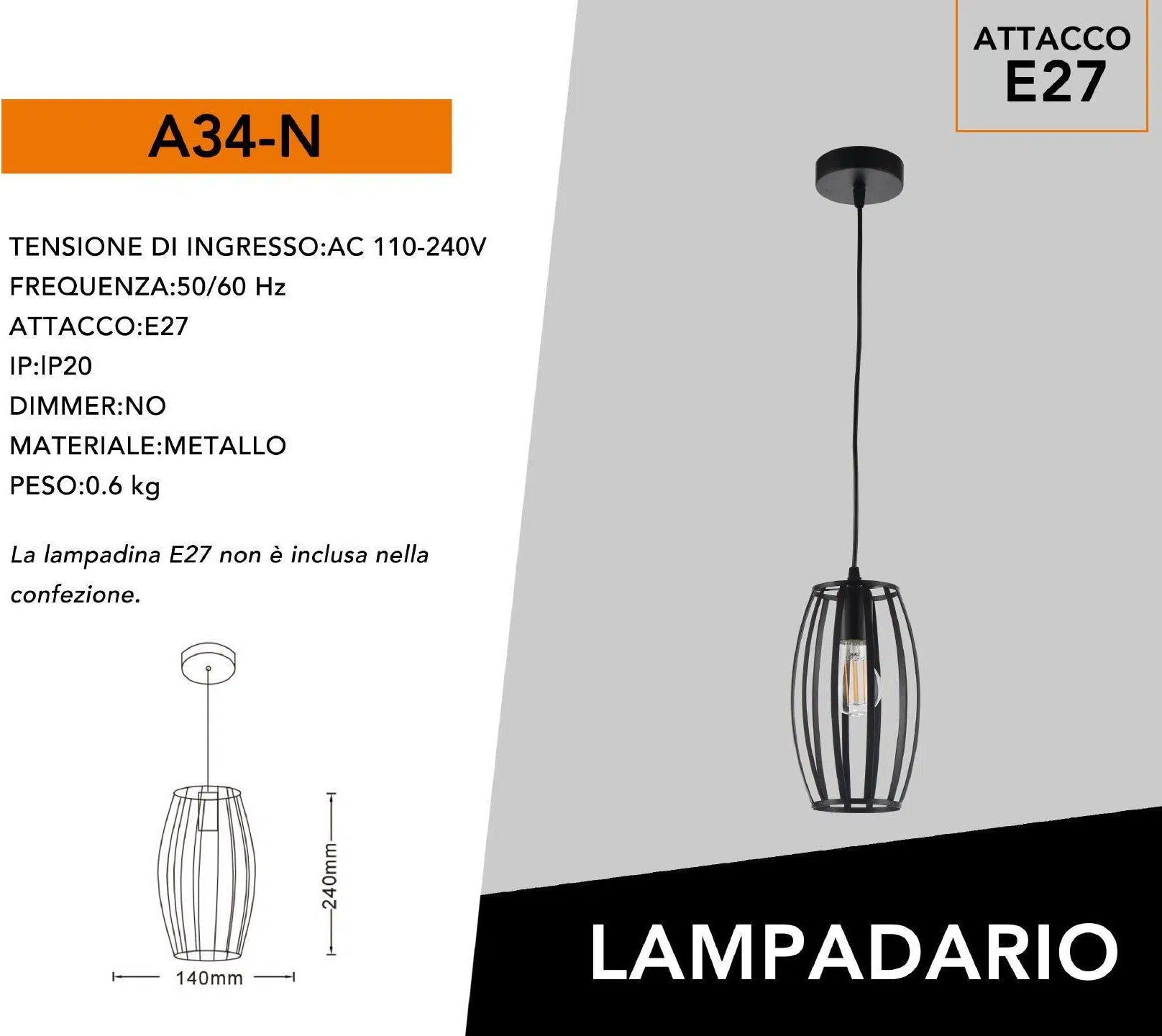 Lampadario Moderno a Sospensione con Paralume in Metallo Traforato Ovale – Attacco E27, Colore Bianco o Nero