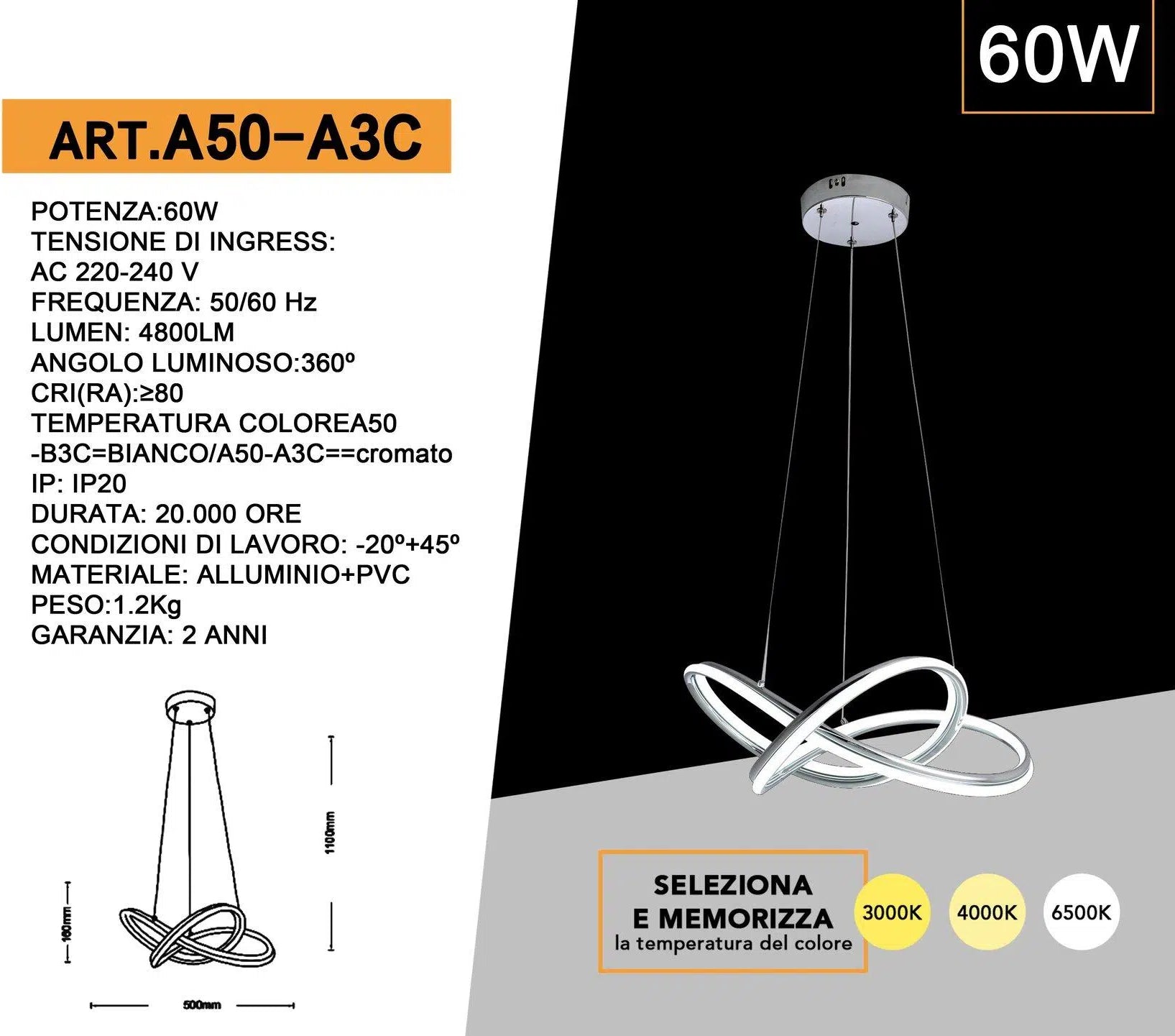 Lampadario SMD LED a Sospensione – Design Intrecciato con Finitura Cromata 60W, CCT 3in1 (3000K/4000K/6500K)