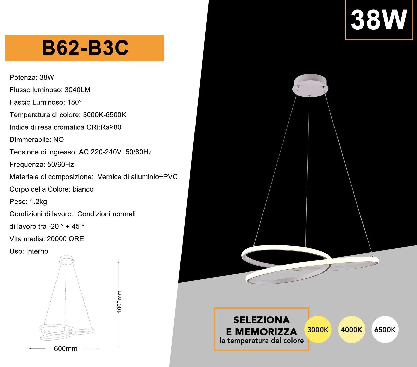 Lampadario LED a Sospensione Intrecciato Universo B62-B3C – 38W SMD, Colore Bianco, CCT Selezionabile (3000K/4000K/6500K)