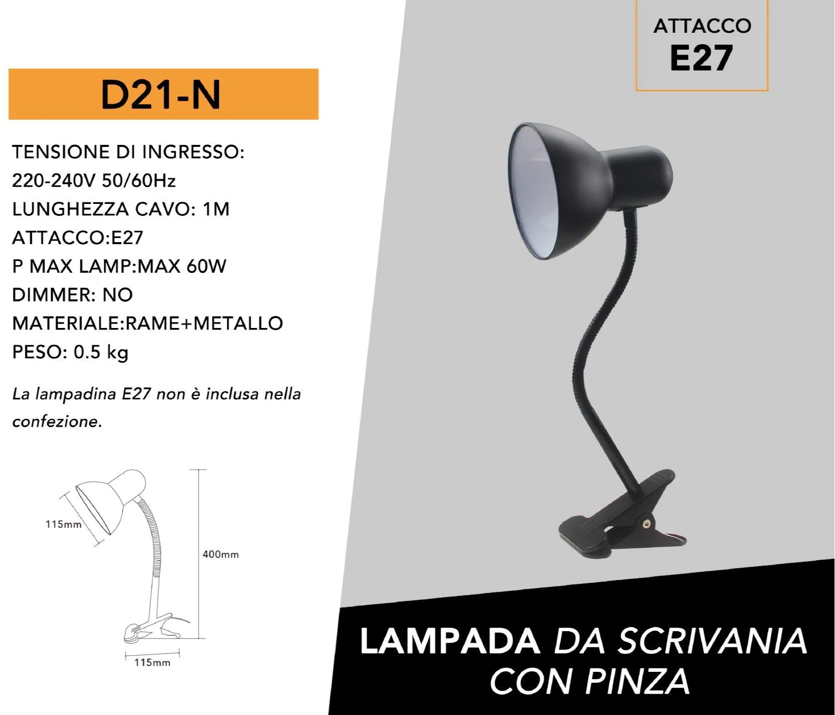 Lampada da Tavolo con Clip di Fissaggio e Braccio Flessibile – Attacco E27, Colori Assortiti
