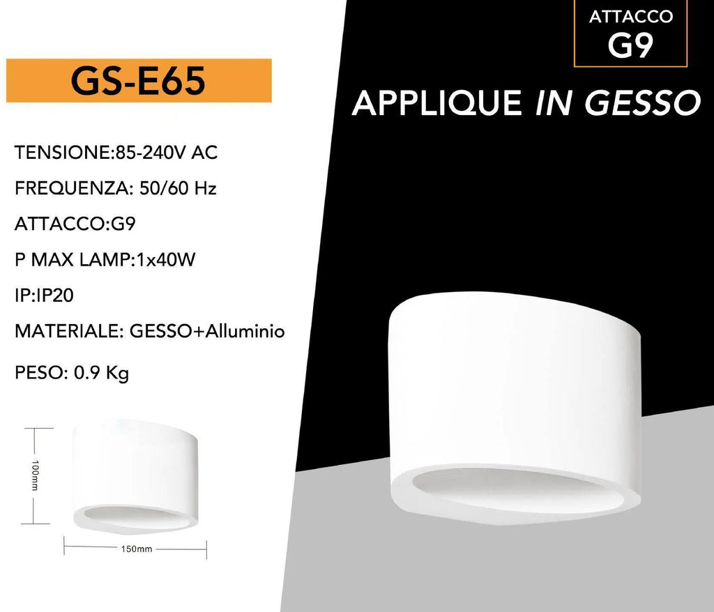 Applique Plafoniera Ovale in Gesso Verniciabile – Doppia Emissione Luminosa 25W con Portalampada G9