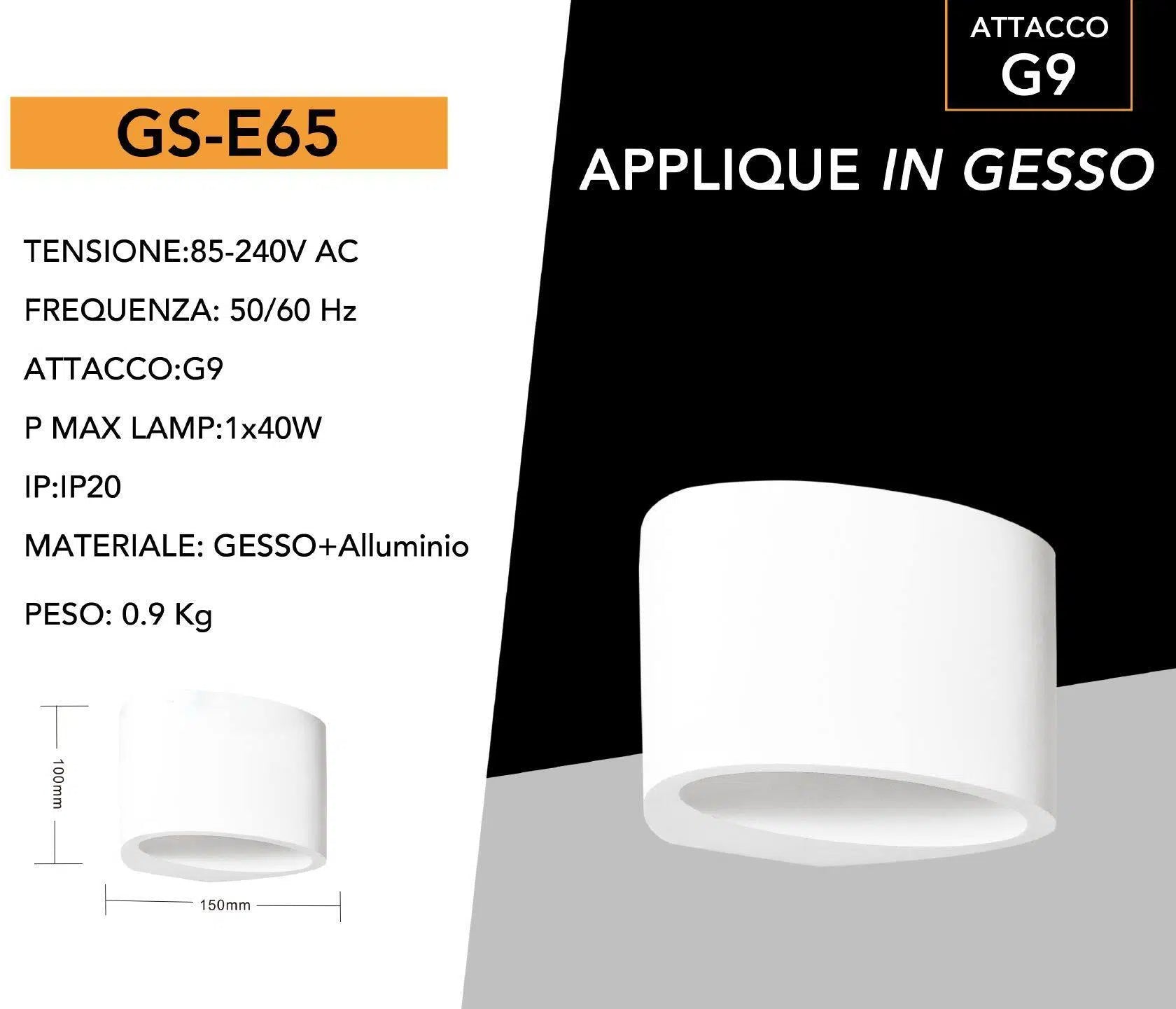 Applique Plafoniera Ovale in Gesso Verniciabile – Doppia Emissione Luminosa 25W con Portalampada G9