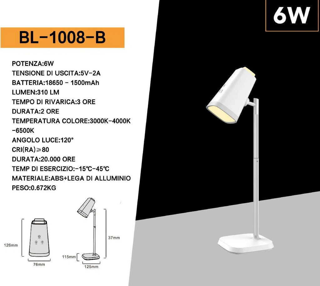 Lampada Multifunzione Ricaricabile da Tavolo BL-1008-B – 6W Dimmerabile, CCT 3in1 con Temperatura Luce Selezionabile, Colore Bianco