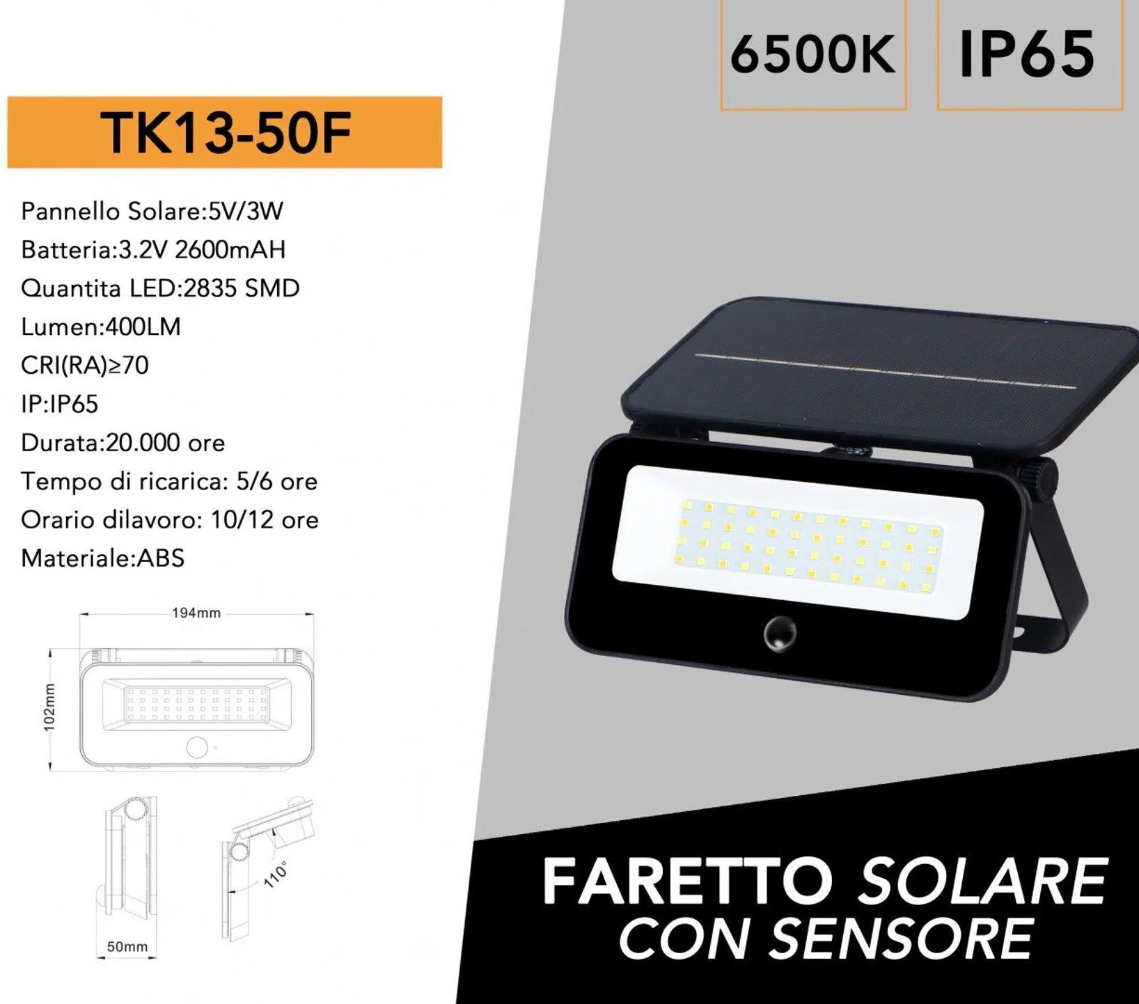 Applique LED a Muro con Pannello Solare e Sensore PIR UNIVERSO TK13-50F | Equivalente 40W IP65