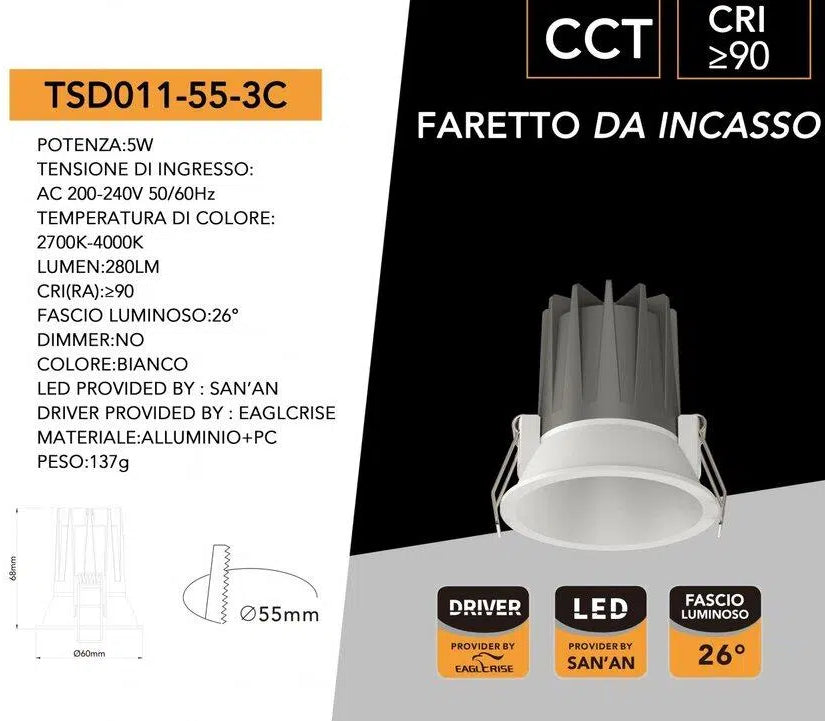 Faretto LED Rotondo da Incasso UNIVERSO TSD011-55-3C 5W | CCT Switch IP20 Bianco