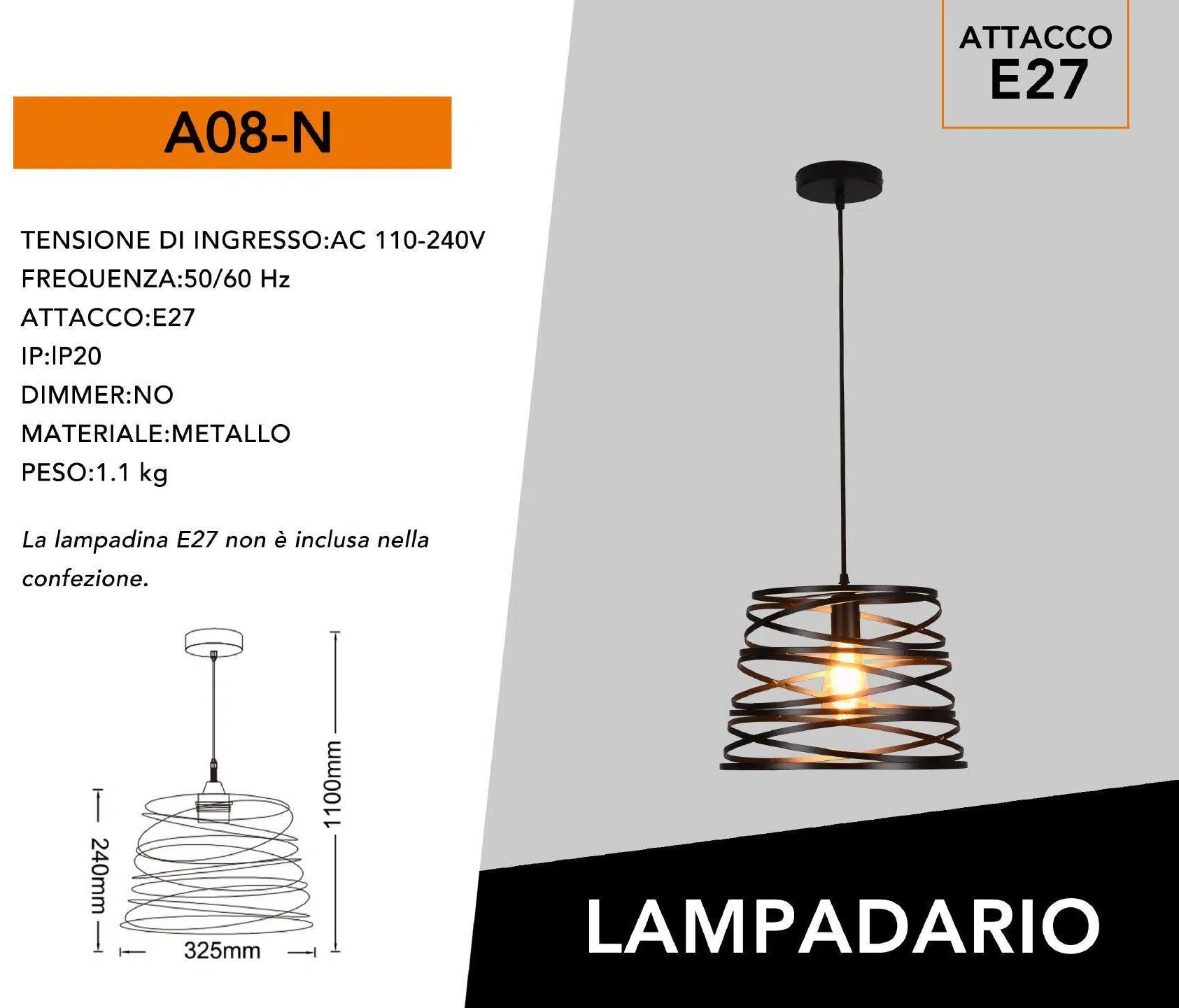 Lampadario Moderno a Sospensione – Paralume in Metallo Traforato a Vortice, Attacco E27, Colore Bianco, Nero o Tortora