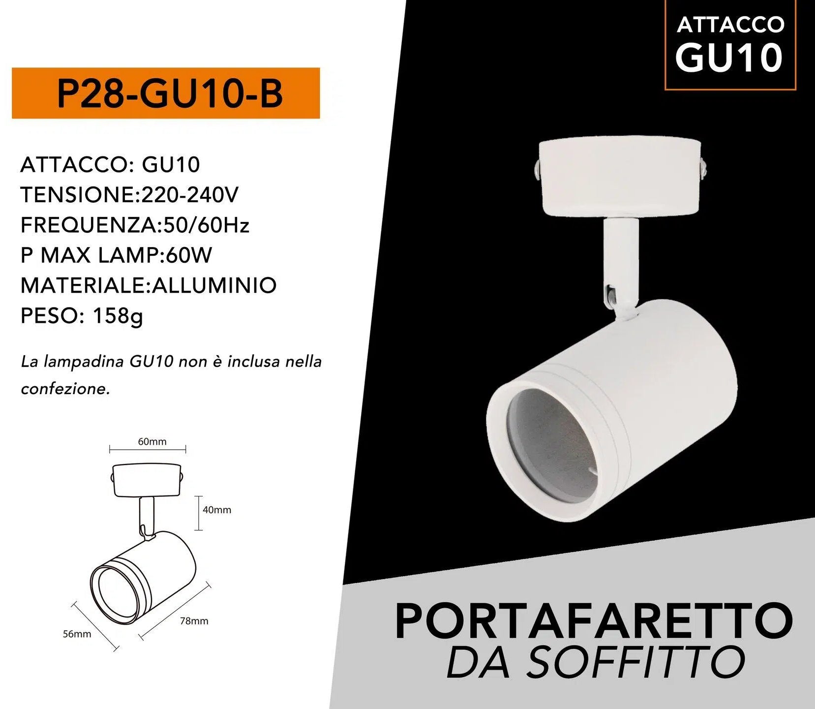 Portafaretto Rotondo Universo P28-GU10-B per Faretto LED Spotlight GU10 – Testina Orientabile, Colore Bianco