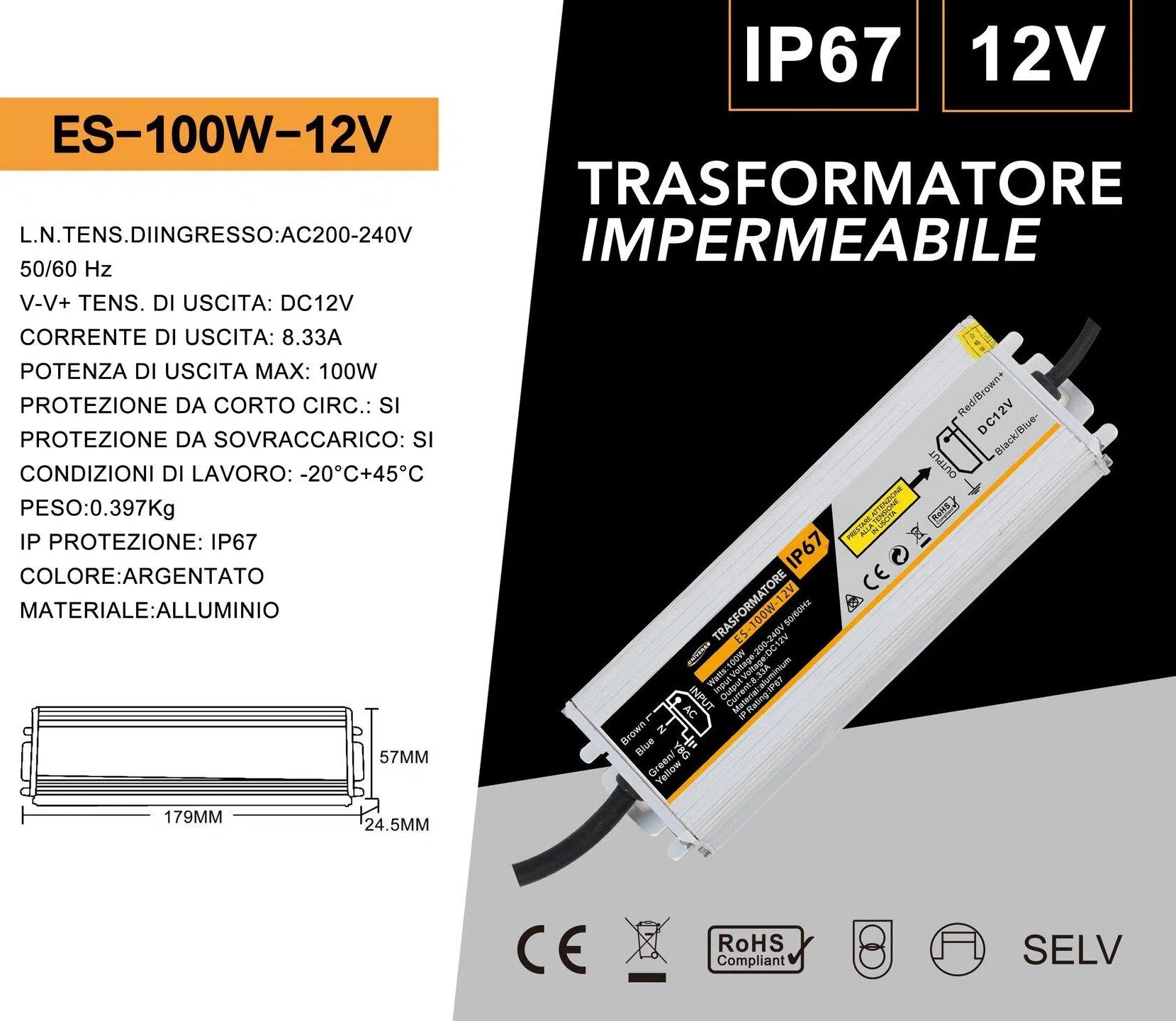 UNIVERSO ES-100W-12V Alimentatore metallico stabilizzato switching impermeabile IP67 220V-12V 8.33A 100 watt