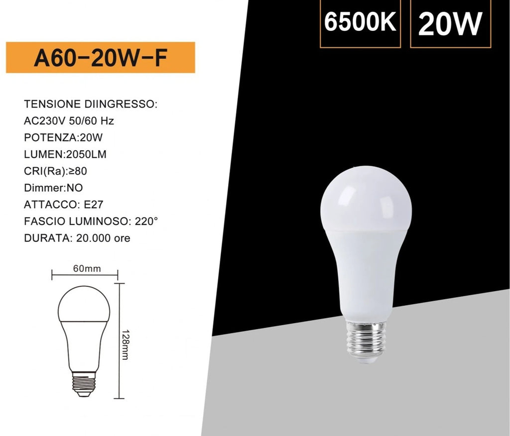 Lampadina SMD LED Universo A60-20W – Attacco E27, Forma Bulb A60, 20W, 2050 Lumen, CCT 3000K/4000K/6500K