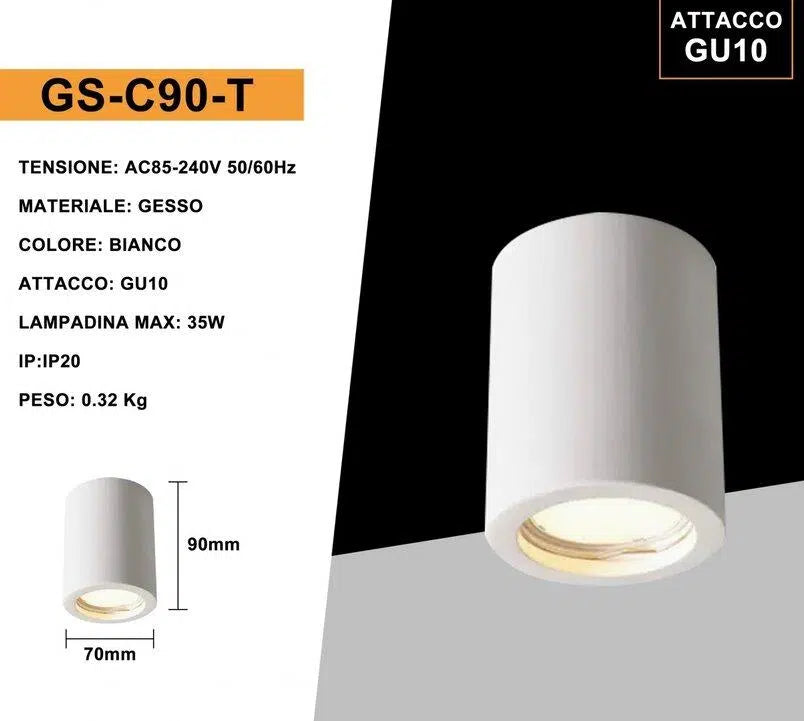Portafaretto Rotondo in Gesso Verniciabile UNIVERSO GS-C90-T | Montaggio Superficiale per GU10/GU5.3