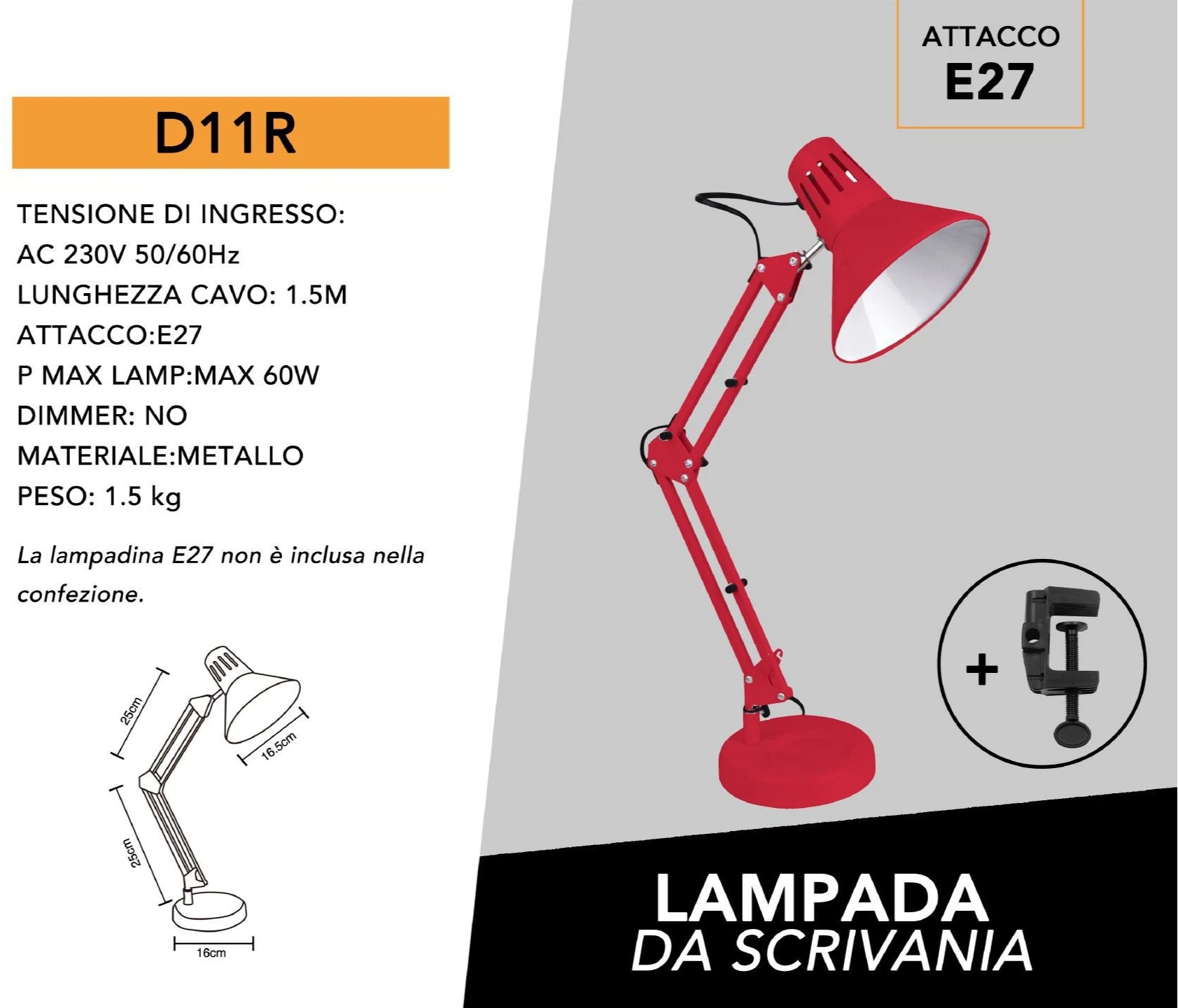 LAMPADA DA SCRIVANIA IN METALLO CON BRACCIO SNODABILE ED ORIENTABILE ATTACCO E27 COLORI ASSORTITI