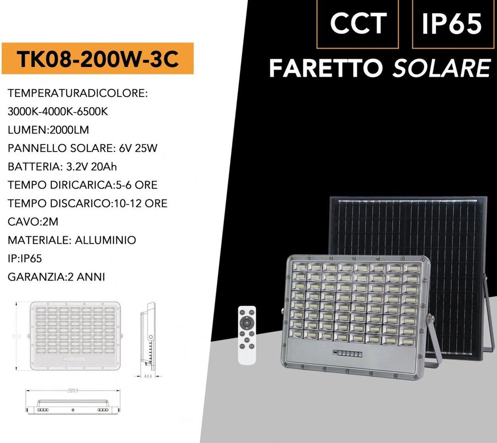 Proiettore LED Solare UNIVERSO TK08-200W-3C 200W | 2000 Lumen IP65 Grigio con Telecomando CCT 3in1