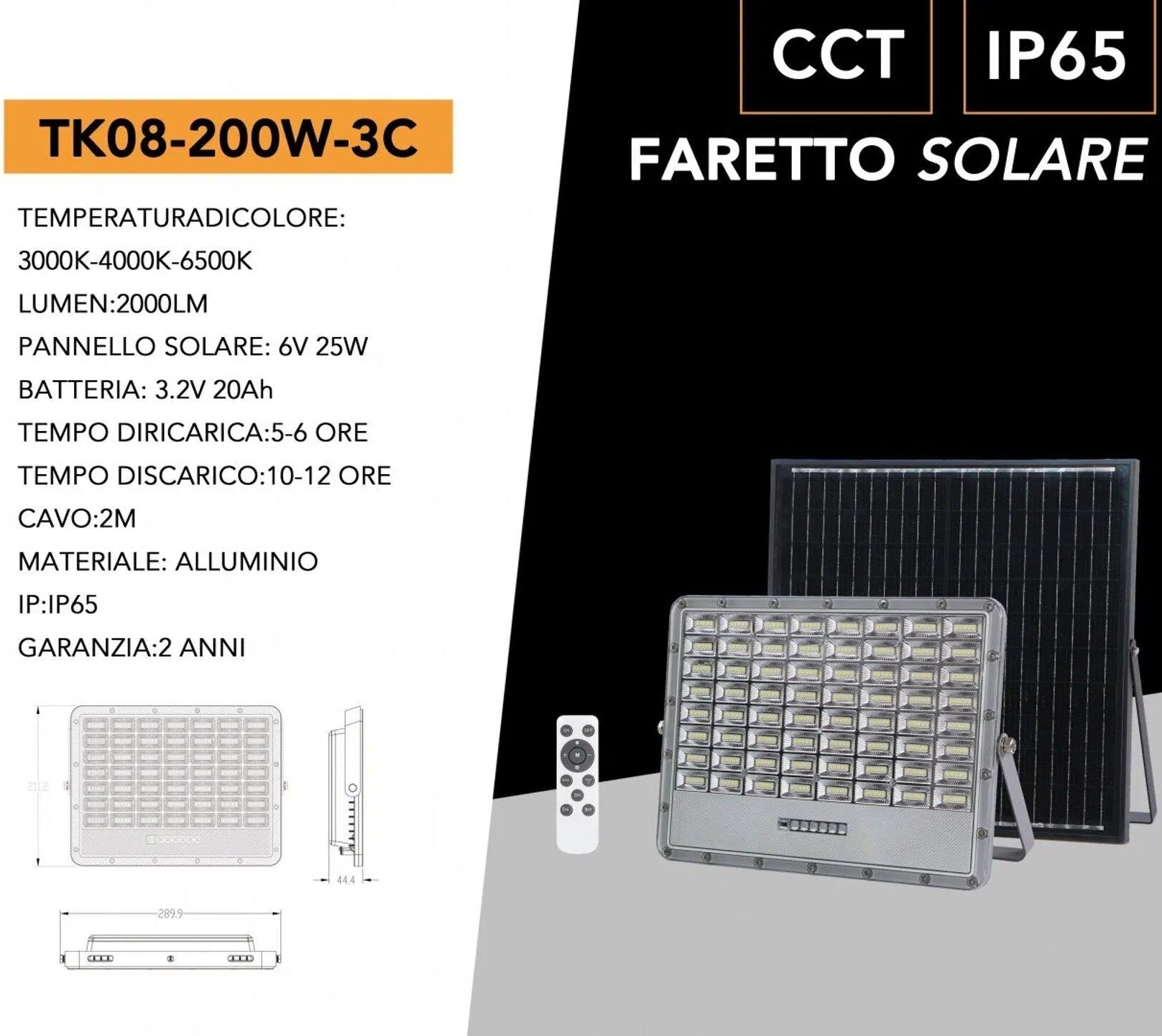 Proiettore LED Solare UNIVERSO TK08-200W-3C 200W | 2000 Lumen IP65 Grigio con Telecomando CCT 3in1