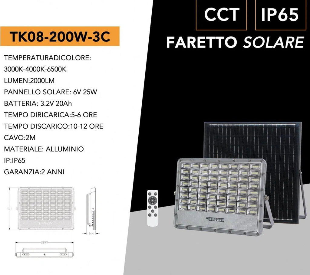 Proiettore LED Solare UNIVERSO TK08-200W | 2000 Lumen IP65 Grigio con Pannello Solare e Telecomando