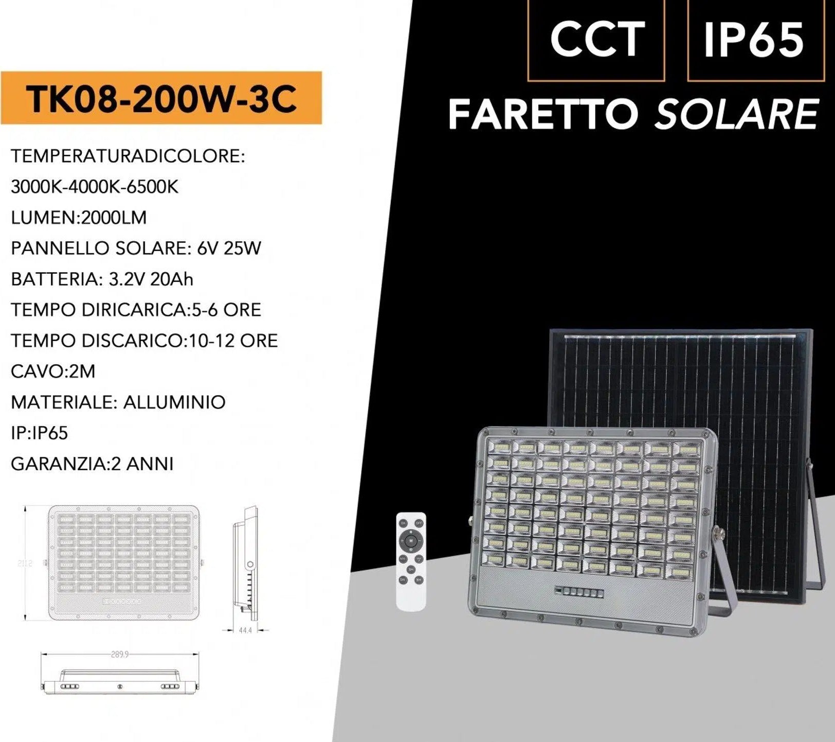 Proiettore LED Solare UNIVERSO TK08-200W | 2000 Lumen IP65 Grigio con Pannello Solare e Telecomando