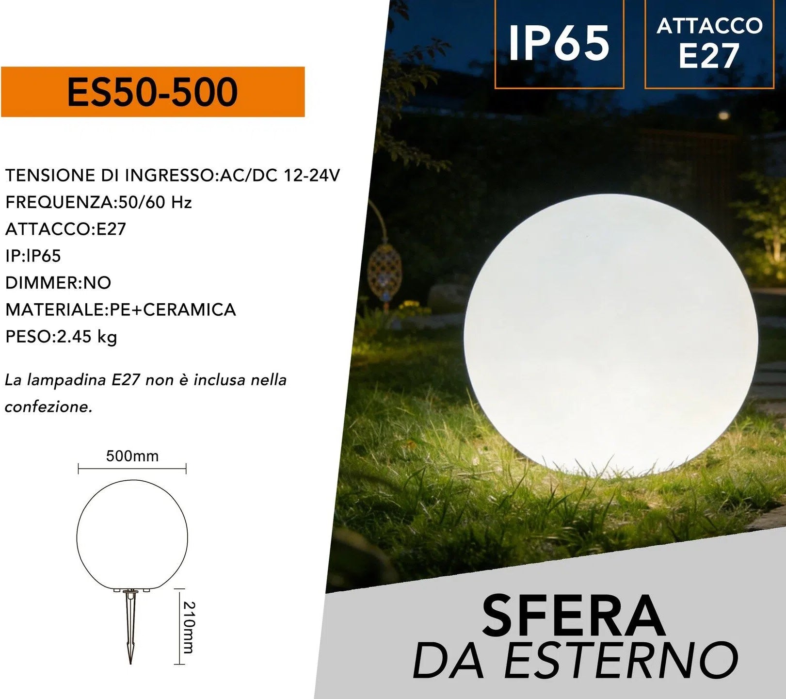 Lampada a Sfera Bianca da Giardino 50 cm – Attacco E27 Max 25W, IP65 per Interno ed Esterno