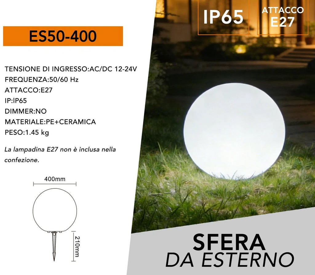 Lampada a Sfera Bianca da Giardino 40 cm – Attacco E27 Max 25W, IP65 per Interno ed Esterno