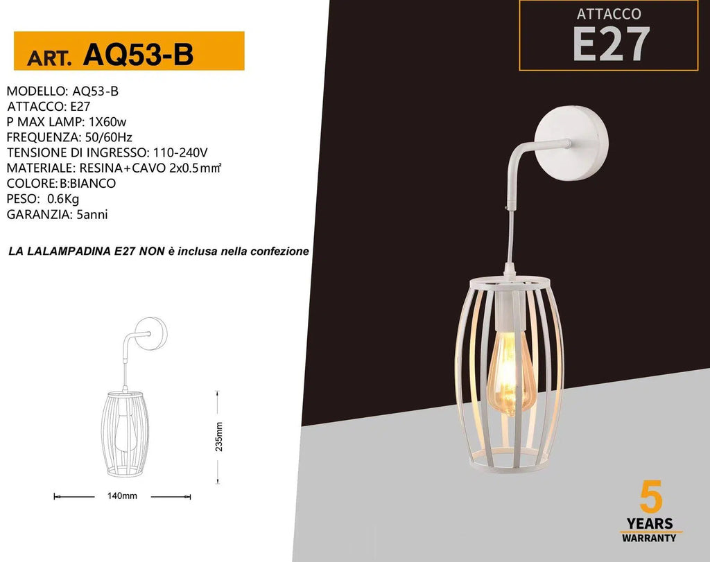 Lampada Applique a Muro Universo AQ53 – Forma Ovale Tridimensionale con Attacco E27, Max 60W, Colore Bianco e Nero