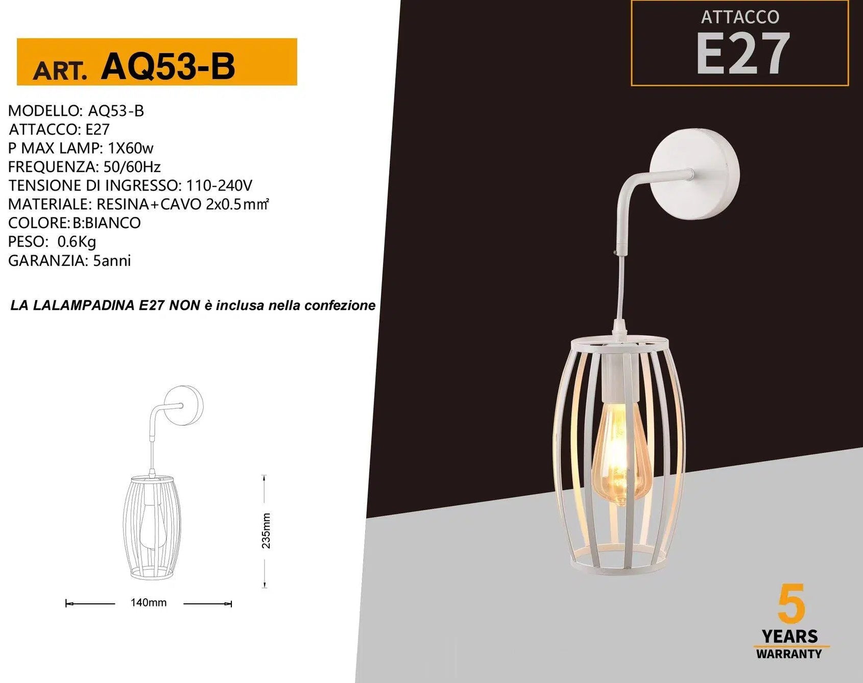 Lampada Applique a Muro Universo AQ53 – Forma Ovale Tridimensionale con Attacco E27, Max 60W, Colore Bianco e Nero