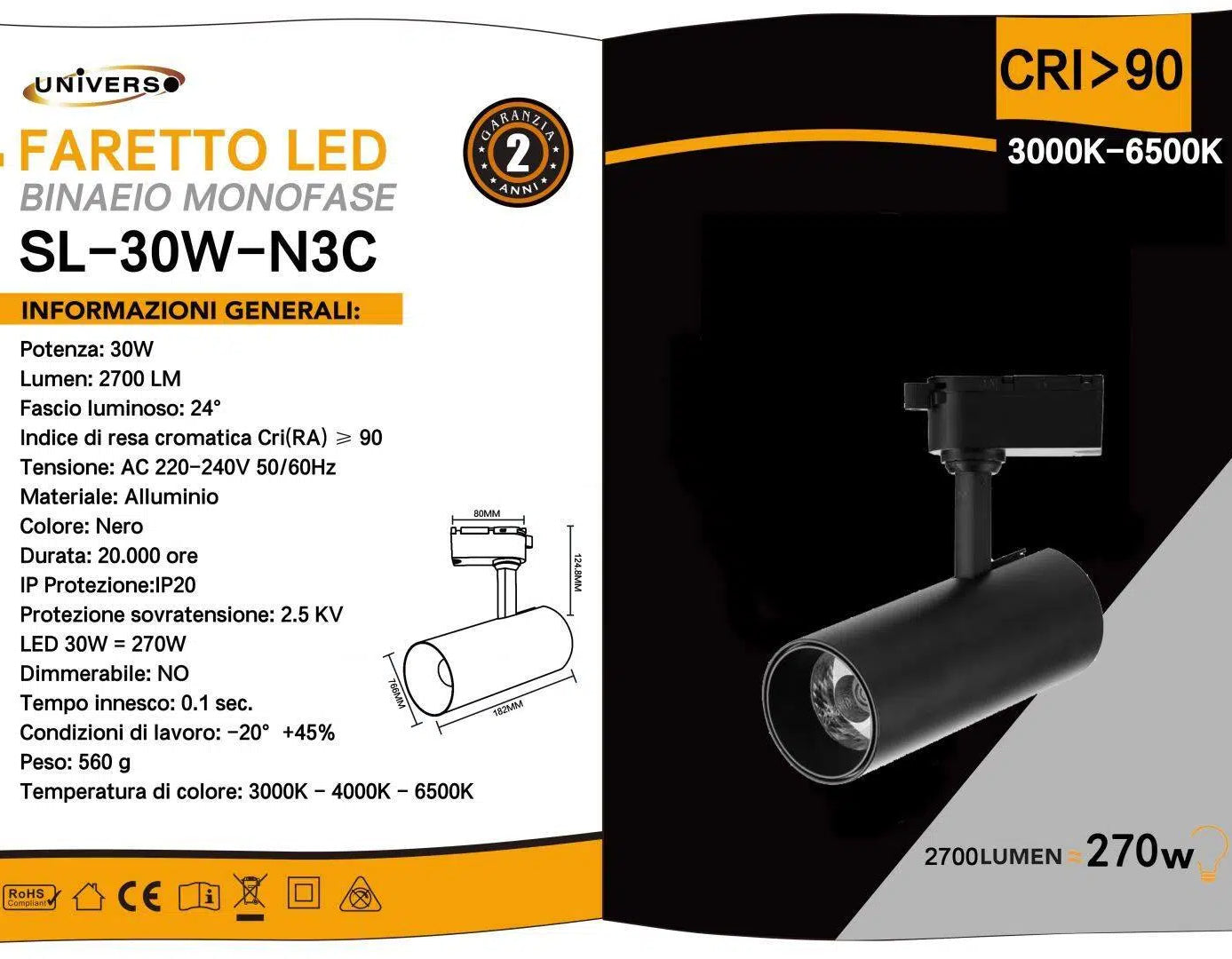 Faretto LED da Binario Monofase Universo SL-30W-N3C – 30W Track Light COB, 2700 Lumen, CCT 3in1