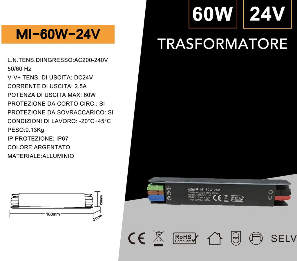 UNIVERSO MI-60W-24V alimentatore switching ultra slim da esterno IP67, potenza 60W, uscita DC 24V 2.5A, ideale per illuminazione LED e installazioni outdoor in giardino, insegne e impianti professionali