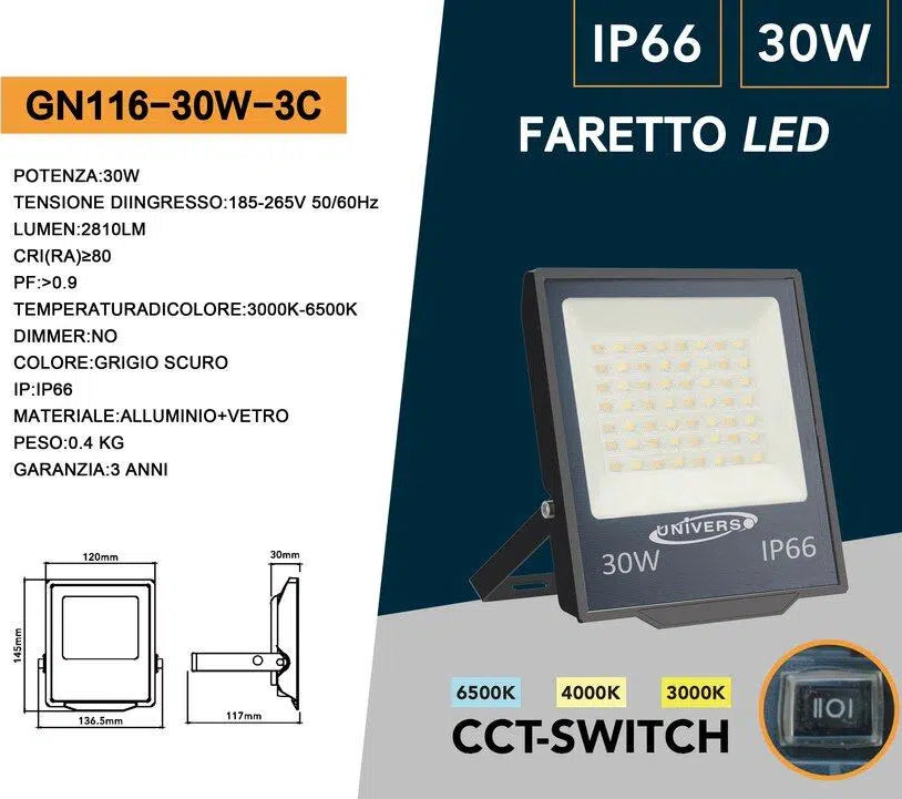 Proiettore SMD LED Slim UNIVERSO GN116-30W-3C 30W | CCT 3in1 Selezionabile IP66 Grigio