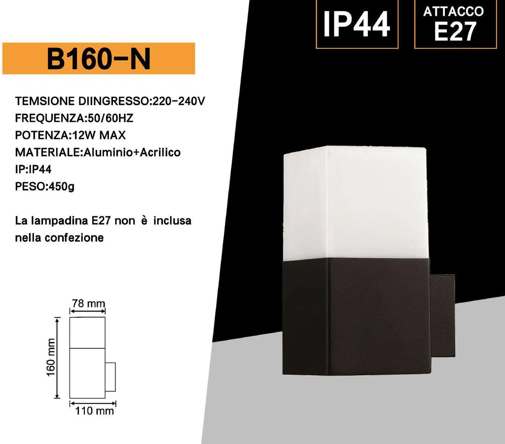 Portalampada Applique da Giardino Universo B160 – Wall Light da Muro Quadrato per Lampadine E27, Colore Bianco e Nero