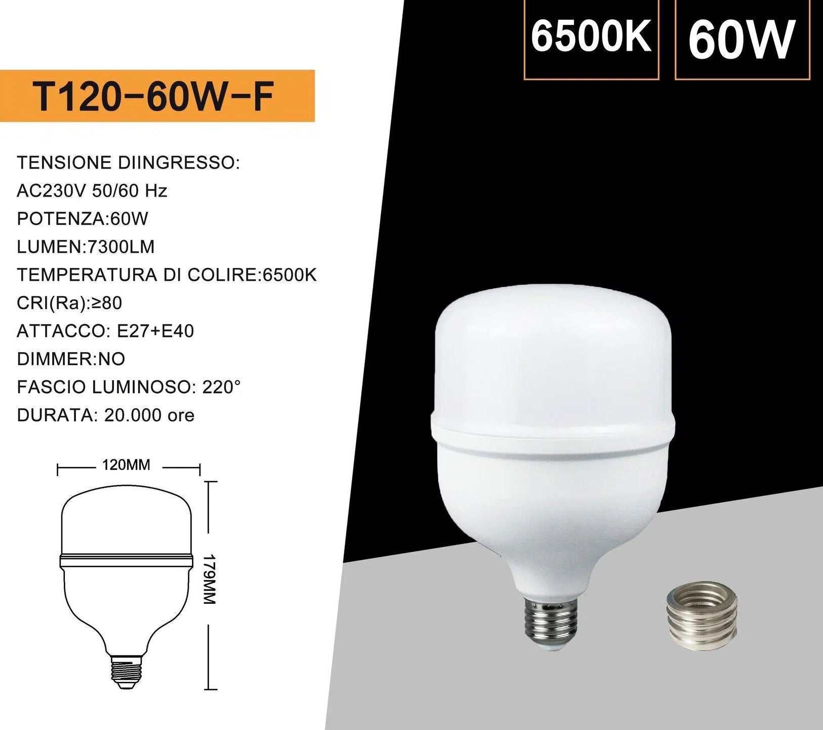 Lampadina SMD LED Universo T120-60W – Attacco E27 + Adattatore E40, Tubolare T120, 60W, 7300 Lumen, CCT 3000K/4000K/6500K