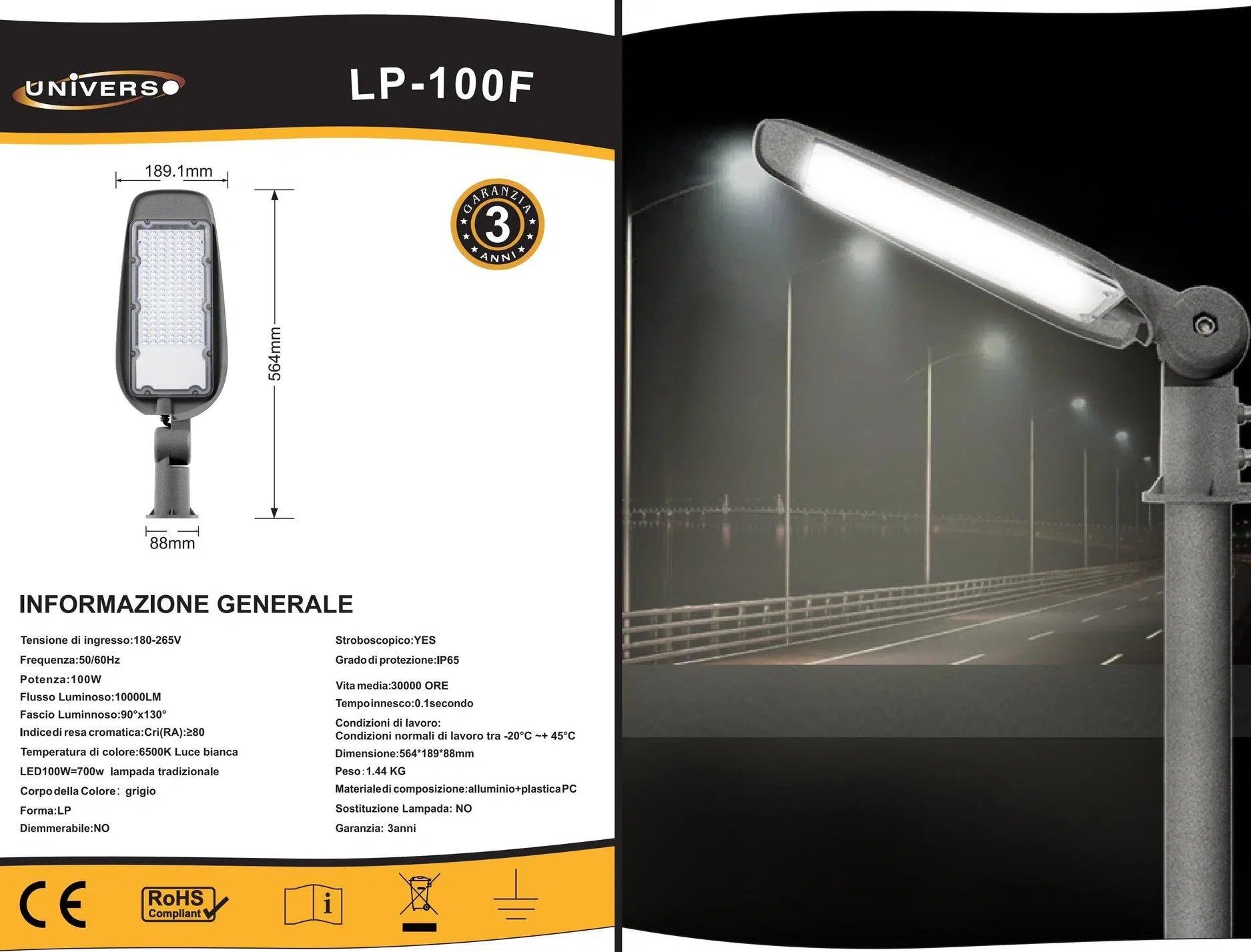 Proiettore Faro Armatura Stradale LED Universo LP-100F – 100W con Snodo Incorporato, IP65, Luce Bianca Fredda 6500K