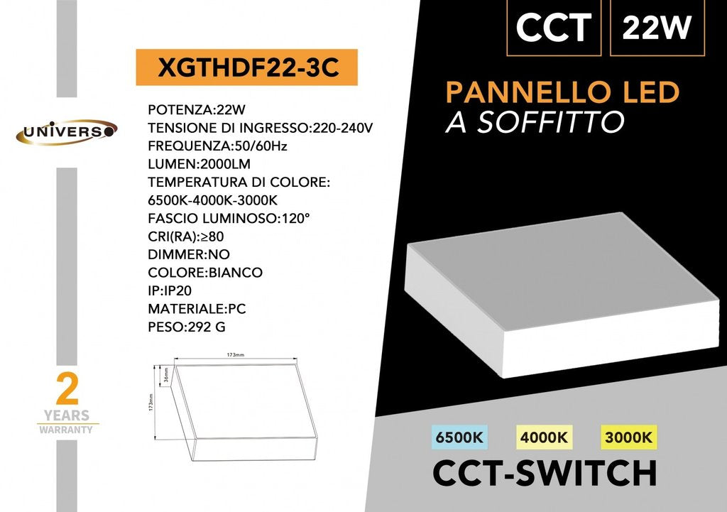 Plafoniera SMD LED Quadrata UNIVERSO XGTHDF22-3C 22W | CCT 3in1 IP20 Bianco