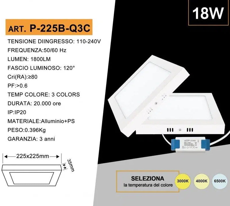 Plafoniera LED Quadrata SMD UNIVERSO 18W | CCT 3in1 Selezionabile IP20 Bianca