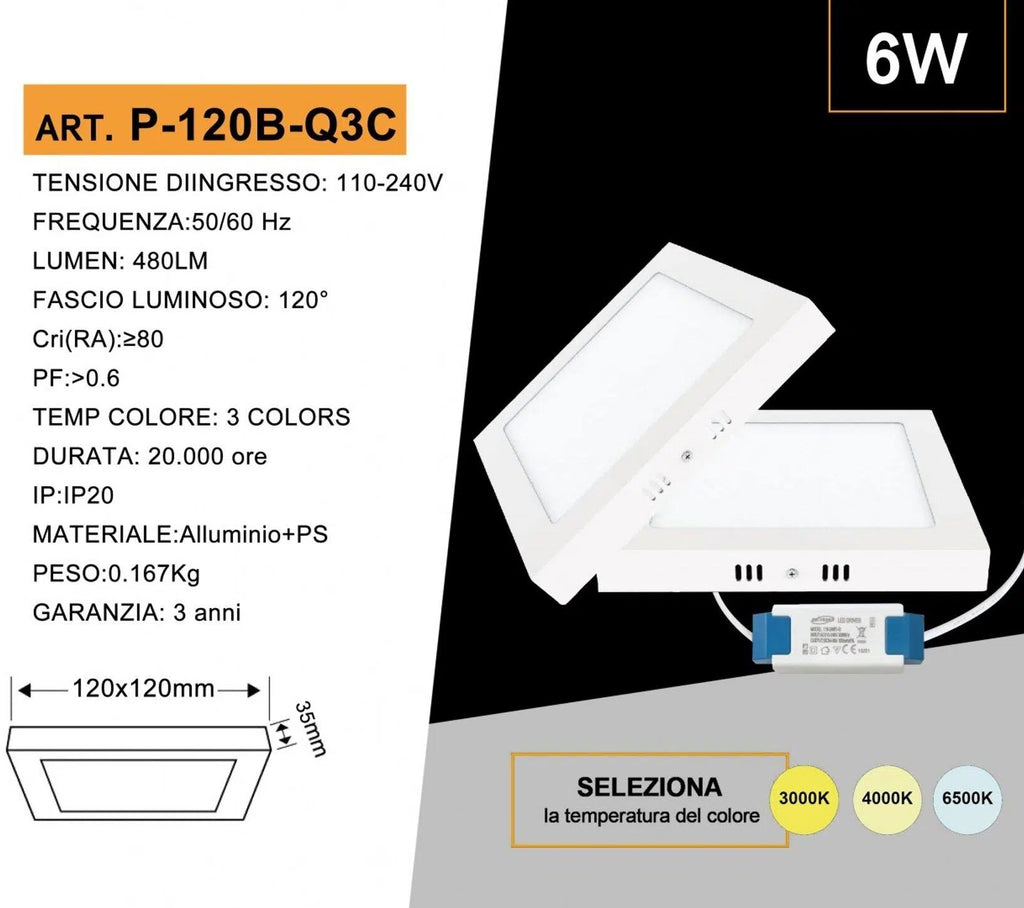 Plafoniera LED Quadrata SMD UNIVERSO 6W | CCT 3in1 Selezionabile IP20 Bianca