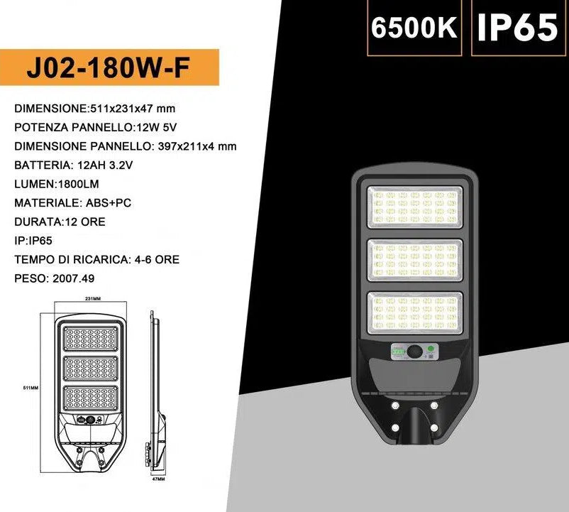 Lampione Stradale LED Solare UNIVERSO J02-180W-F | 180W Equivalenti con Pannello Fotovoltaico e Sensore Movimento IP65 1800 Lumen