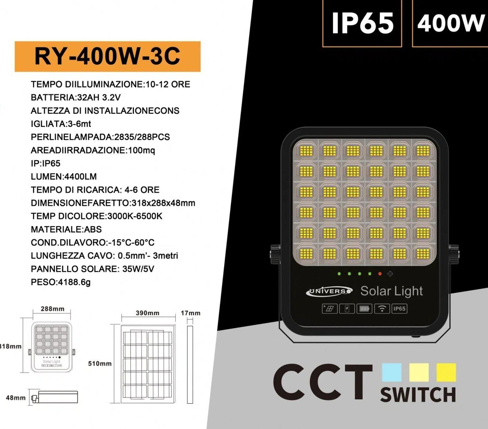 Proiettore LED Solare UNIVERSO RY-400W-3C | 4400 Lumen IP65 CCT 3in1 3000K-4000K-6500K con Pannello Solare e Telecomando