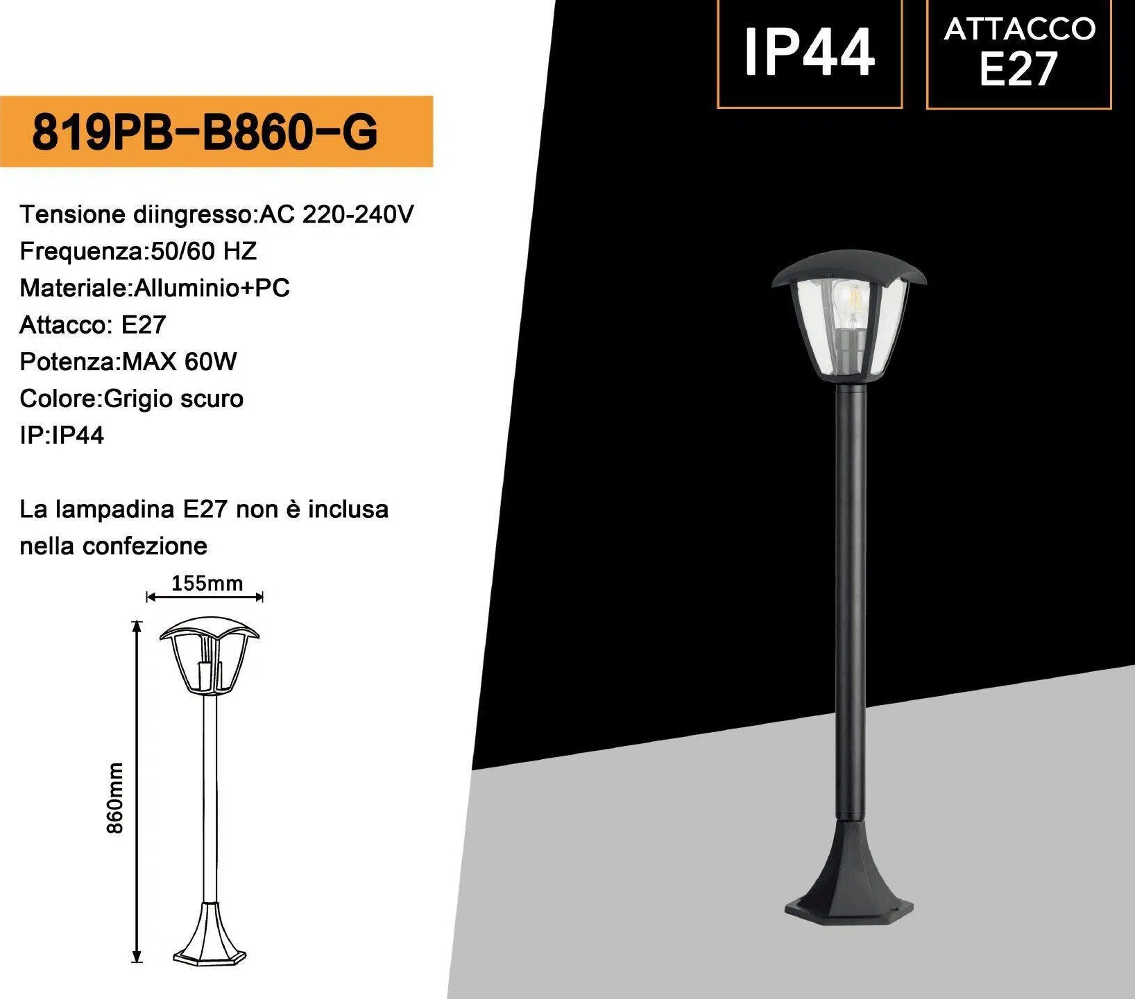 Lampione Portalampada Nero Universo 819PB-B860-G per Lampadine E27 Max 60W da Giardino – 860 mm con Fissaggio a Terra