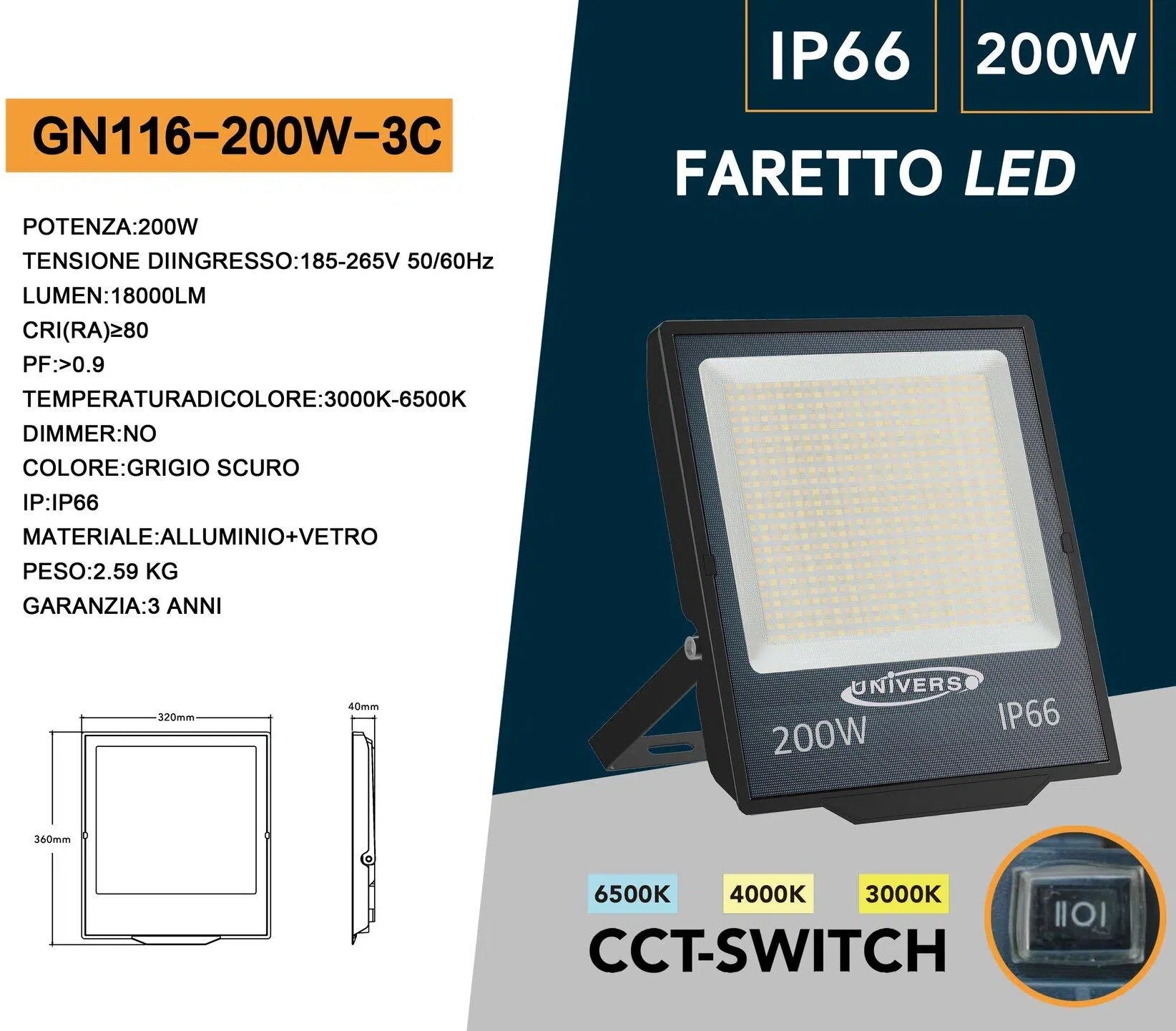Proiettore SMD LED Slim UNIVERSO GN116-200W-3C 200W | CCT 3in1 Selezionabile IP66 Grigio