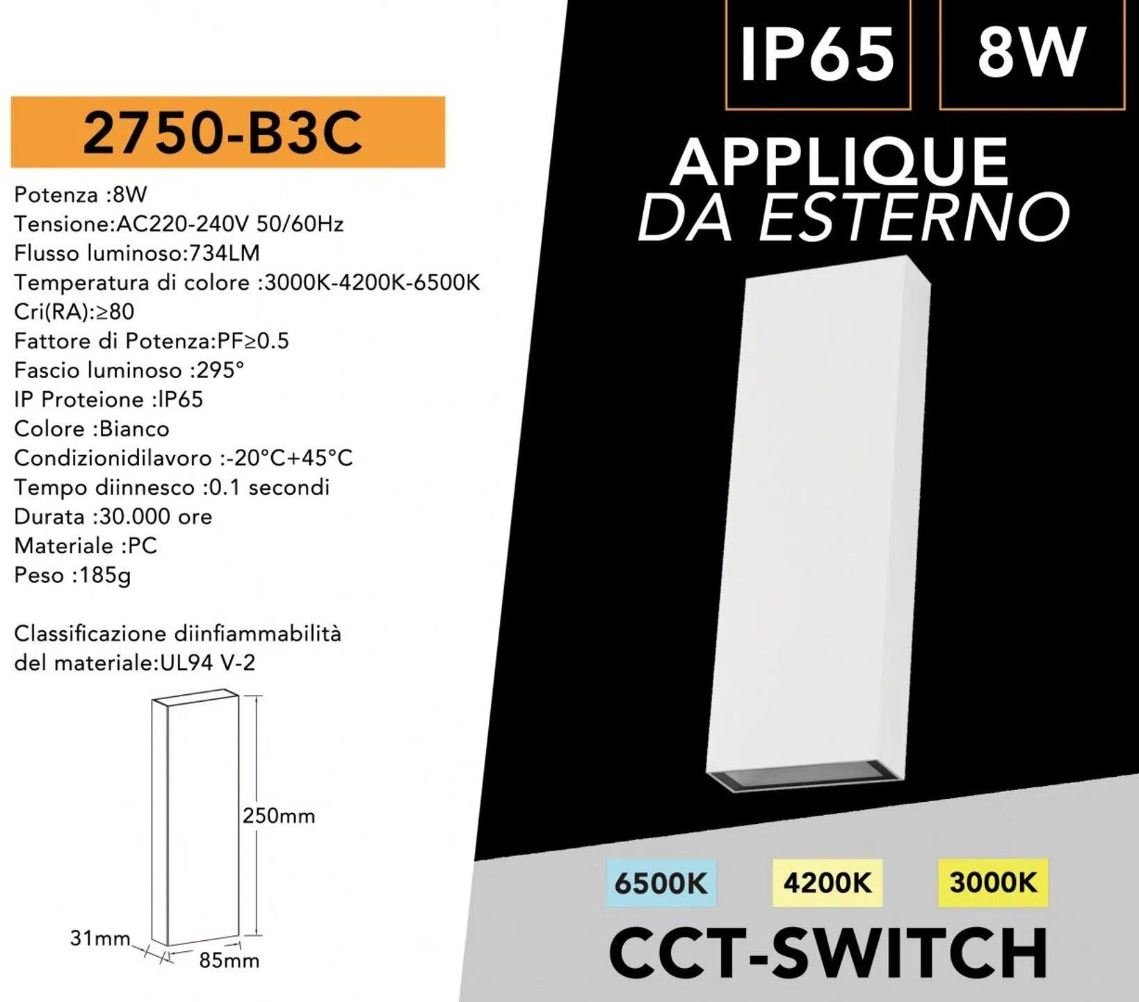 Applique LED da muro UNIVERSO 2750-B3C 8W doppia emissione up & down con CCT 3in1 selezione colore 3000K 4000K 6500K IP65 con driver integrato