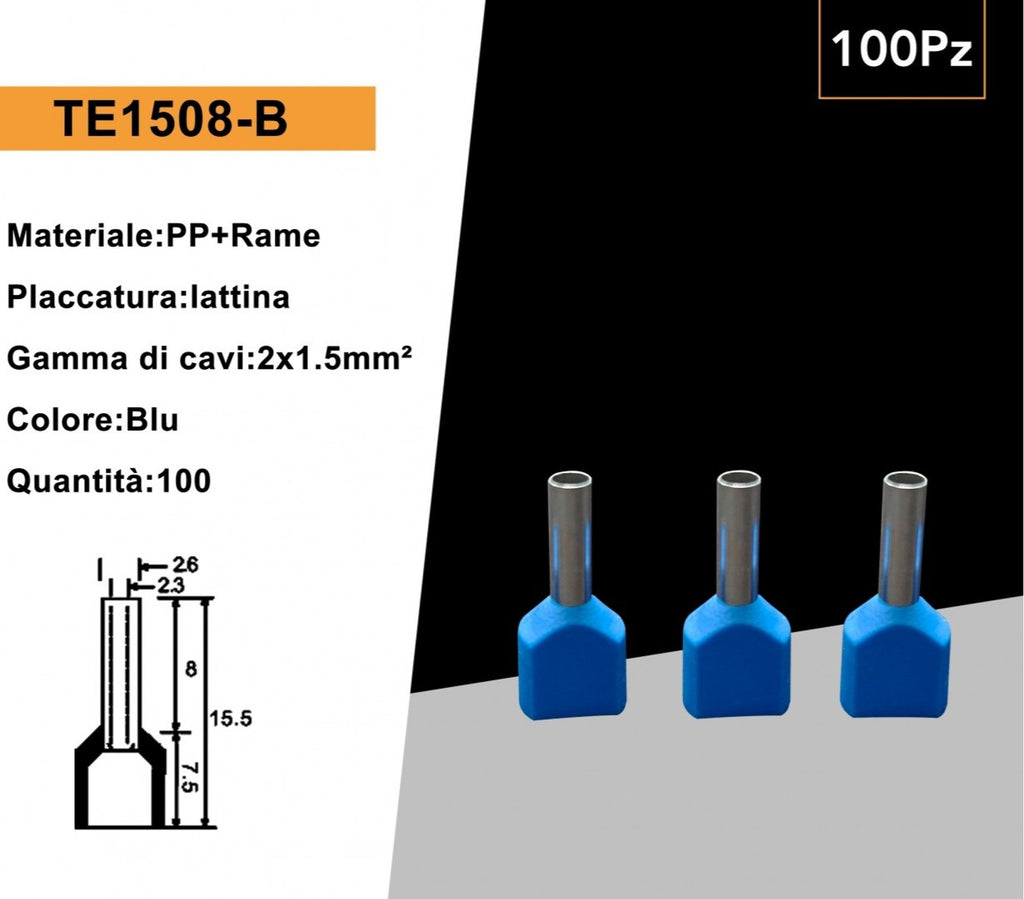 Confezione da 100 Pezzi – Tubetto Terminale Capicorda Isolato per 2 Cavi da 1,50 mm² – Terminale da 8 mm – Colori Giallo, Rosso, Blu