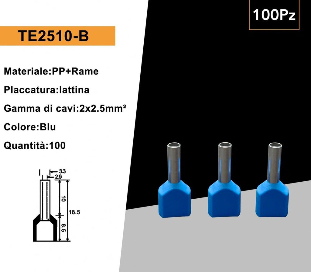 Confezione da 100 Pezzi – Tubetto Terminale Capicorda Isolato per 2 Cavi da 2,50 mm² – Terminale da 10 mm – Colori Giallo, Rosso, Blu
