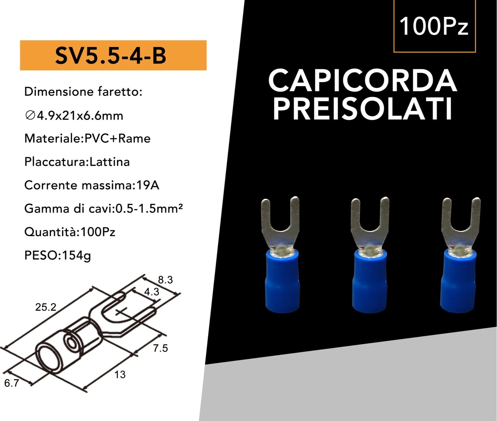Capicorda a Forcella per Cavi 4-6 mm² | Isolato M4 | Confezione 100 Pezzi
