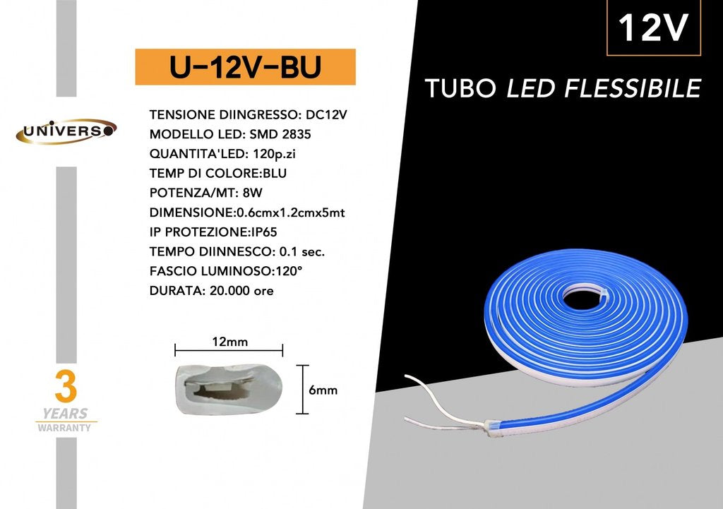 Striscia Strip LED Neon Flex 5 Metri DC 12V Impermeabile da Esterno IP65 Modellabile