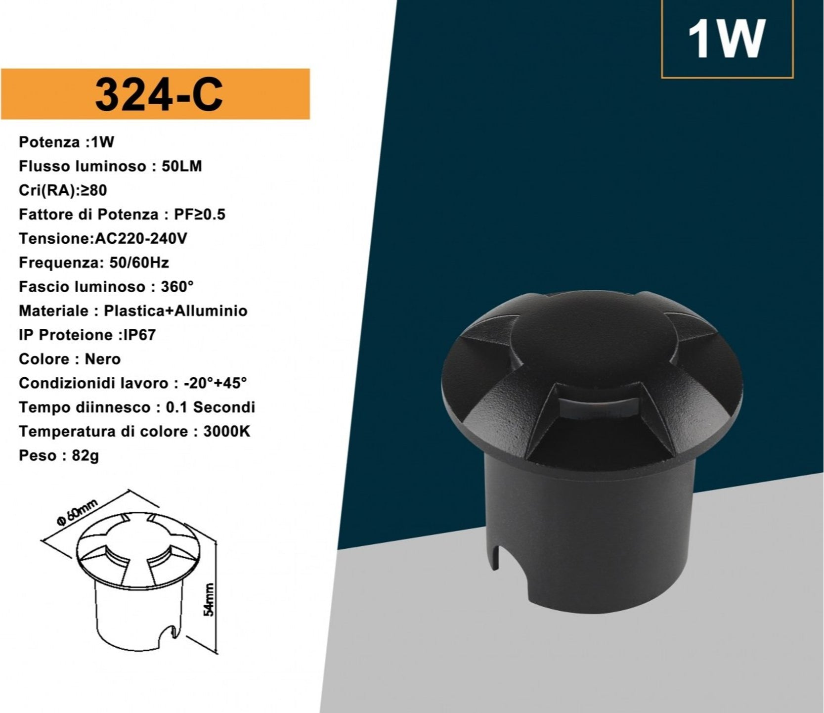 Universo Punto Luce LED SMD 1W Segnapasso da Interramento IP67 4 Finestre Colore Nero - 3000K 4000K