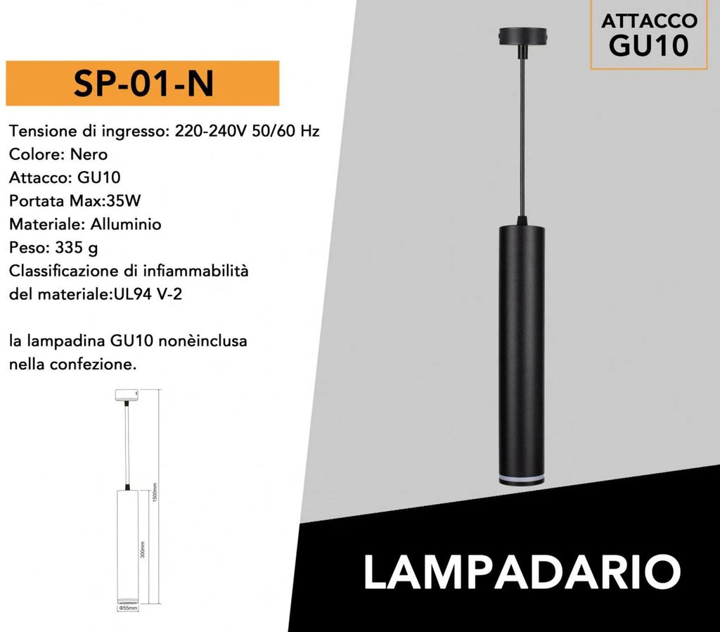 Lampadario a Sospensione Universo SP-01-N – Portalampada per Lampadine GU10 in Alluminio Colore Nero