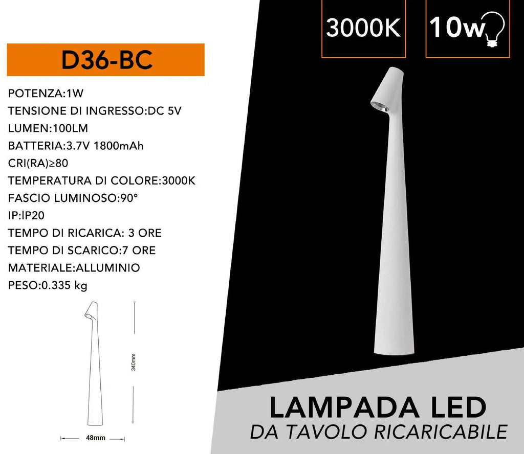 Lampada da Tavolo Universo 1W Touch Dimmerabile – Alluminio Bianco, Batteria Integrata, Luce Calda 3000K