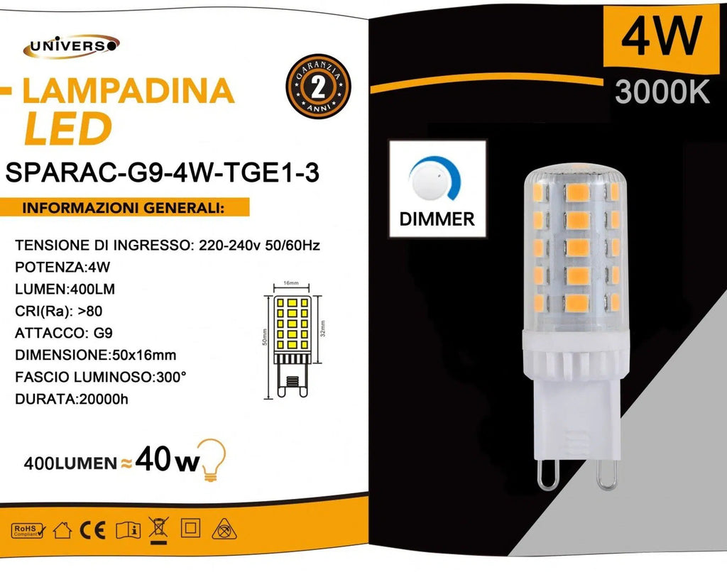 Confezione da 5 Pezzi Universo SPARAC-G9-4W-TGE1 – Lampadina LED G9 Dimmerabile, 4W Tubolare SMD, 400 Lumen, CCT 3000K/4000K/6500K